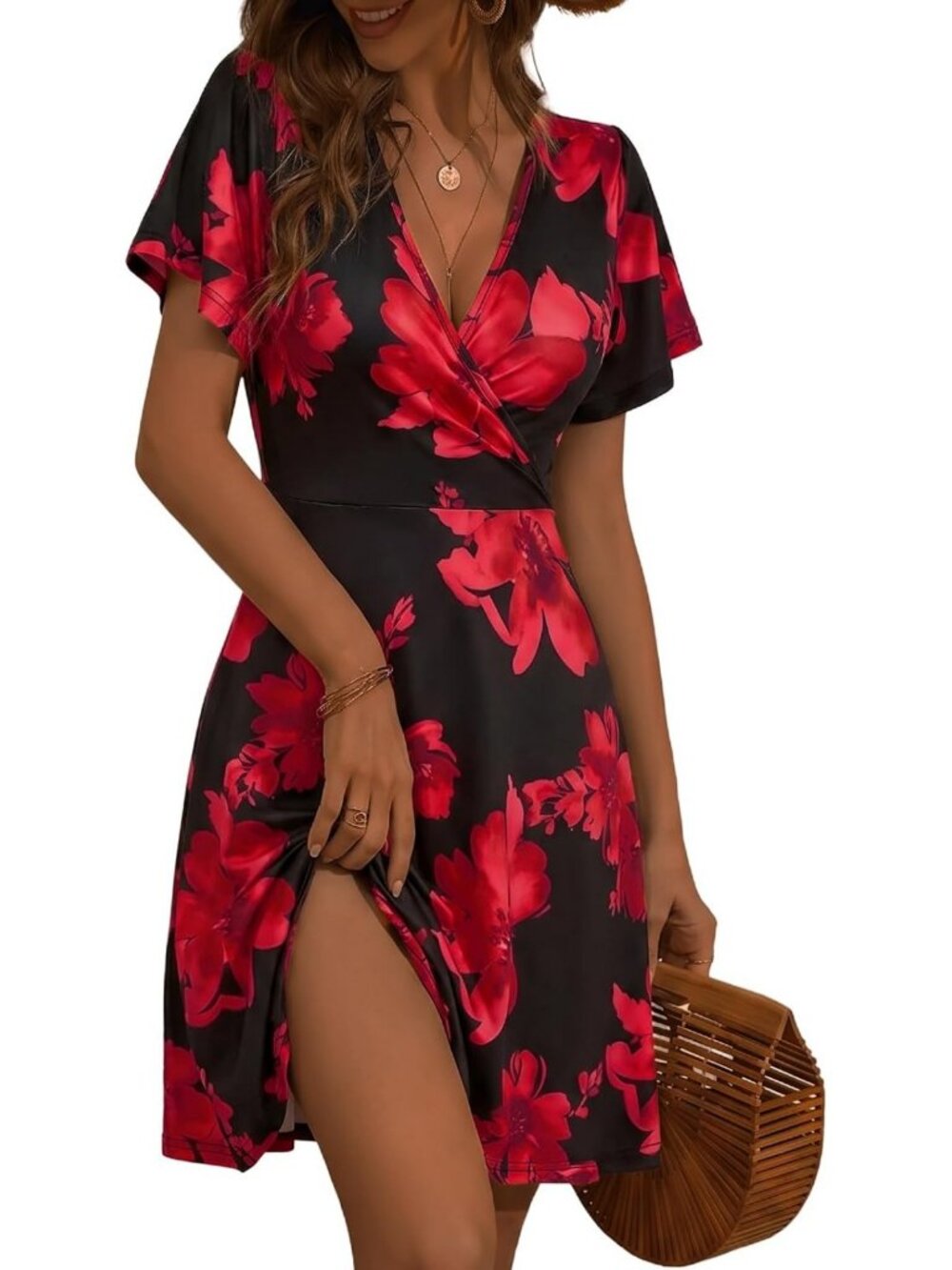 Flowy Midi Sundress for Women - Summer Wrap V Neck Dress, Perfect for Beach